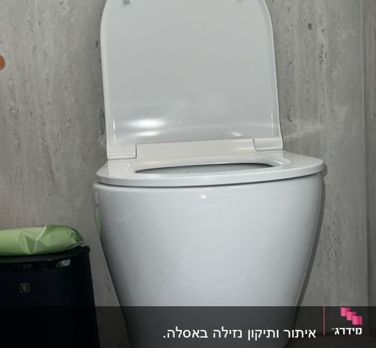 אסלה לבנה עם מכסה פתוח ומנגנון הדחה על הקיר